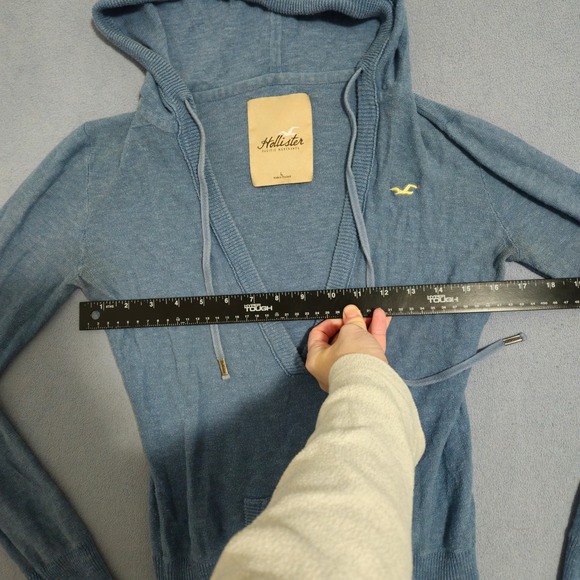 Y2K vintage Hollister Blue Knit V Neck Hoodie Pullover Sweater Womens Size L - Picture 6 of 8